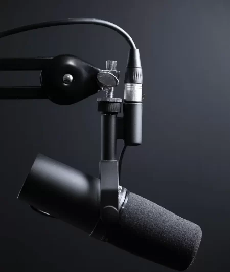 Black mic with dark background representing professional dubbing services